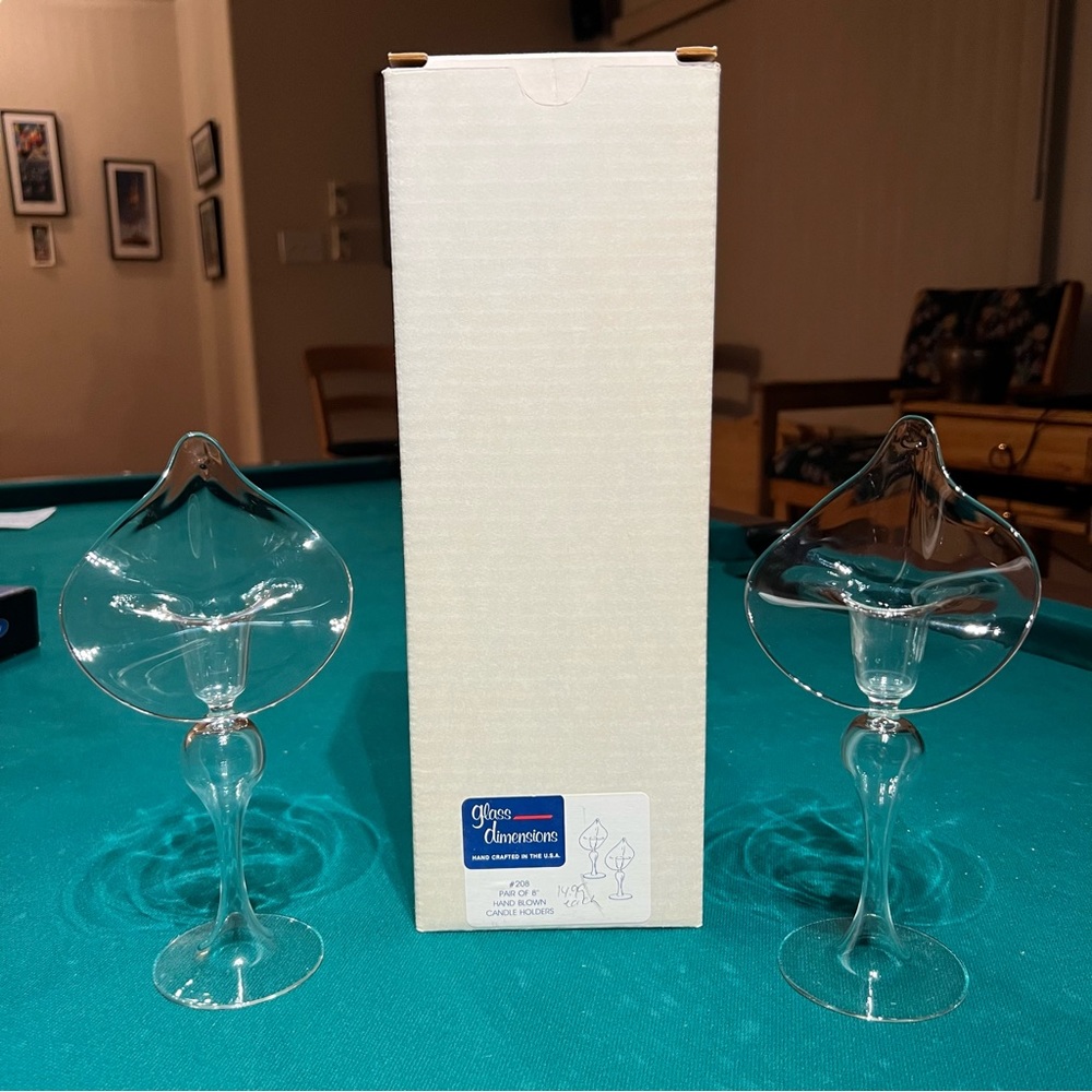 Set if 2 delicate blown glass candleholders for tapers, 8 1/2 inches tall